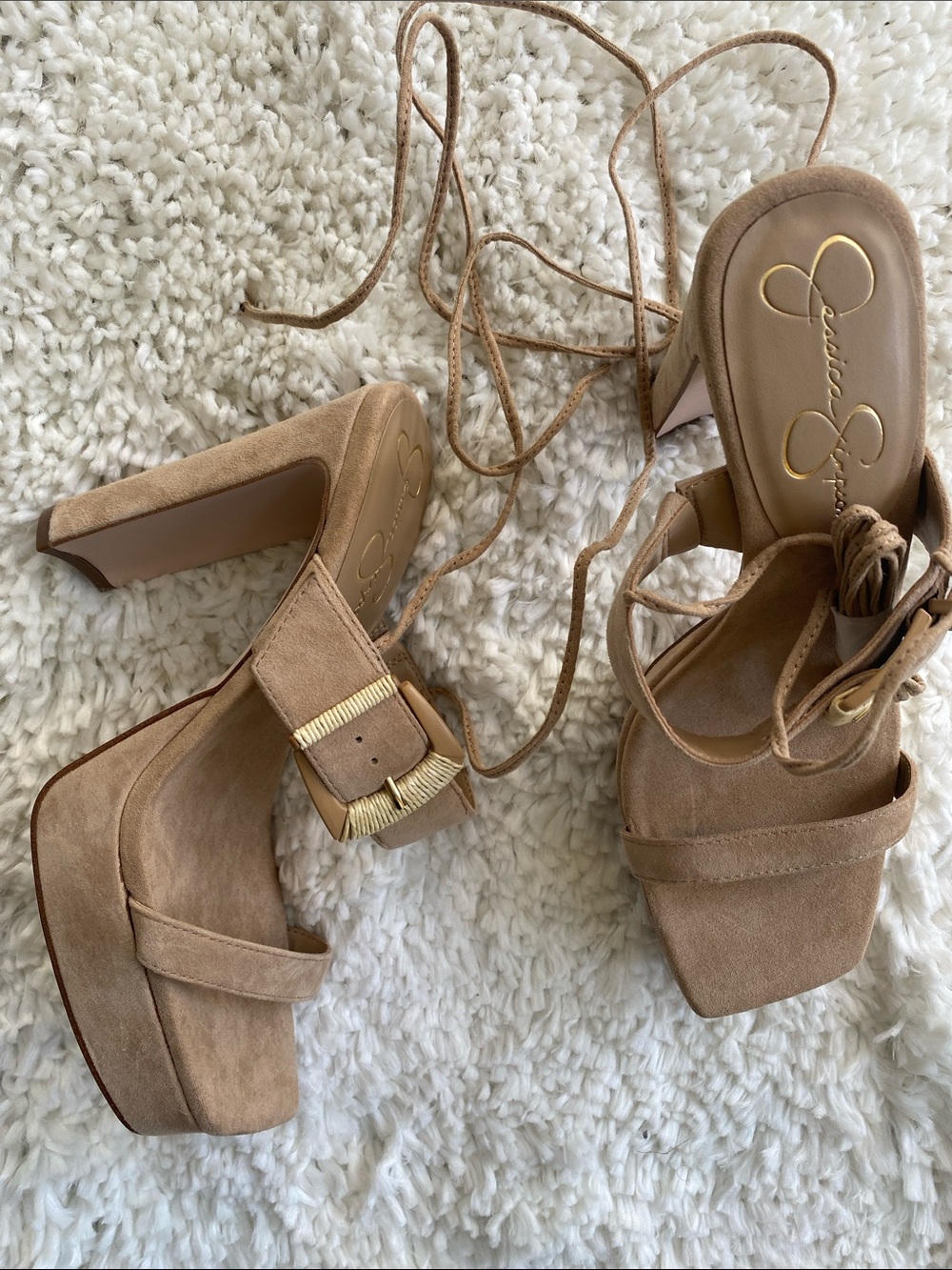 Jessica Simpson Taupe Suede Lace-Up Platform Block Heels